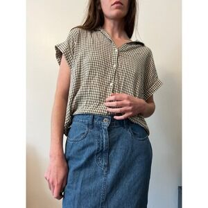 Lucky Brand Gingham Top Olive Green Check Short Sleeve Button Down Shirt M Boho